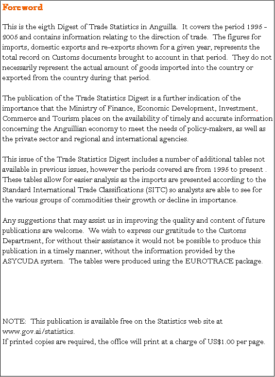 Text Box: Foreword

This is the eigth Digest of Trade Statistics in Anguilla.  It covers the period 1995 - 2005 and contains information relating to the direction of trade.  The figures for imports, domestic exports and re-exports shown for a given year, represents the total record on Customs documents brought to account in that period.  They do not necessarily represent the actual amount of goods imported into the country or exported from the country during that period.      
        
The publication of the Trade Statistics Digest is a further indication of the importance that the Ministry of Finance, Economic Development, Investment, Commerce and Tourism places on the availability of timely and accurate information concerning the Anguillian economy to meet the needs of policy-makers, as well as the private sector and regional and international agencies.     
        
This issue of the Trade Statistics Digest includes a number of additional tables not available in previous issues, however the periods covered are from 1995 to present .  These tables allow for easier analysis as the imports are presented according to the Standard International Trade Classifications (SITC) so analysts are able to see for the various groups of commodities their growth or decline in importance.       
        
Any suggestions that may assist us in improving the quality and content of future publications are welcome.  We wish to express our gratitude to the Customs Department, for without their assistance it would not be possible to produce this publication in a timely manner, without the information provided by the ASYCUDA system.  The tables were produced using the EUROTRACE package.    
        
        
       

        
        
NOTE:  This publication is available free on the Statistics web site at www.gov.ai/statistics. 
If printed copies are required, the office will print at a charge of US$1.00 per page.


